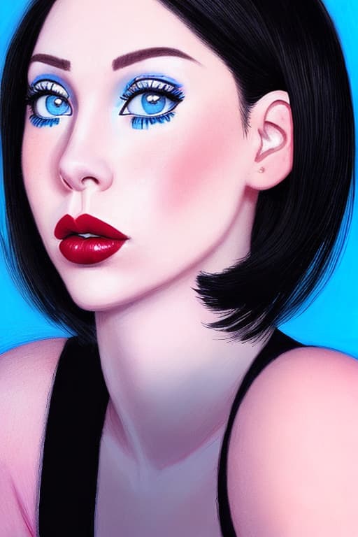  A beautiful girl,short black hair , pink lipstick,blue eyes portrait