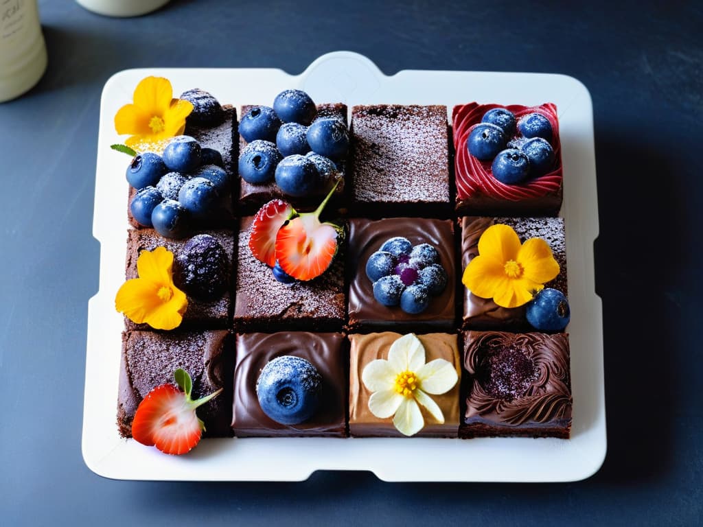  A beautifully arranged flat lay image showcasing a variety of creatively decorated glutenfree brownies on a sleek marble surface. Each brownie is uniquely topped with vibrant fresh berries, swirls of rich chocolate ganache, delicate edible flowers, and a dusting of powdered sugar. The contrast between the dark, fudgy brownies and the colorful, artfully arranged toppings creates a visually striking and appetizing composition. hyperrealistic, full body, detailed clothing, highly detailed, cinematic lighting, stunningly beautiful, intricate, sharp focus, f/1. 8, 85mm, (centered image composition), (professionally color graded), ((bright soft diffused light)), volumetric fog, trending on instagram, trending on tumblr, HDR 4K, 8K