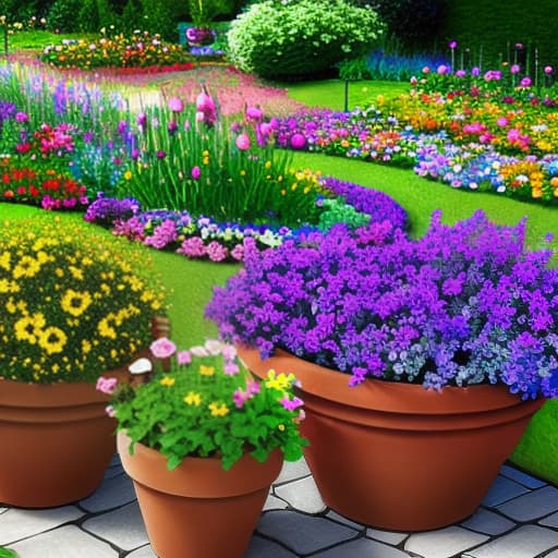  flower garden with flowers in flower pots