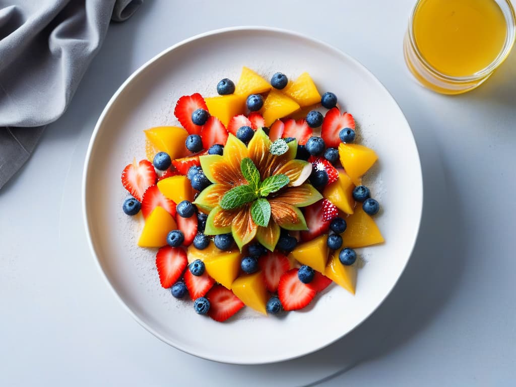  An image of a beautifully plated fruit salad topped with a drizzle of golden sunflower oil, sprinkled with chia seeds, and garnished with fresh mint leaves, set against a simple, elegant white backdrop. The fruits are arranged artfully, showcasing vibrant colors and textures that evoke freshness and health. The sunflower oil glistens under the light, emphasizing its lightness and versatility in creating delectable and healthy desserts. hyperrealistic, full body, detailed clothing, highly detailed, cinematic lighting, stunningly beautiful, intricate, sharp focus, f/1. 8, 85mm, (centered image composition), (professionally color graded), ((bright soft diffused light)), volumetric fog, trending on instagram, trending on tumblr, HDR 4K, 8K