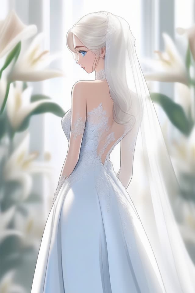  (Gentle illustration style with a lot of lilies) (Wedding Dress), Masterpiece, (Back View) (Beautiful Silver Hair) (Blue Eyes) Dress on White Fabric) (Long Transparent Veil), High Quality, 8k