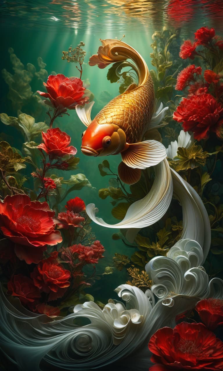  Digital image. Middle Plan. (Double exposure: 1,2), shimmering textures. Fantasy koi carp. Perfectly, with symmetrically placed fins. White, with intricate bright red and black spots and scalloped scales:: mudejar, plateresco. Dynamics, turning, movement. Background: zentangle, depth, waves, perspective, green seaweed, blurred, smoky plant elements and swirls of dark golden colour in rocaille style. Intricate abstraction in the style: rocaille, surrealism, plateresco. In the manner of Klimt, Fragonard, Andrew Jones, Stefan Martiniere, Tatiana Suarez, Dürer, William Blake. High quality and detail. HDR. hyperrealistic, full body, detailed clothing, highly detailed, cinematic lighting, stunningly beautiful, intricate, sharp focus, f/1. 8, 85mm, (centered image composition), (professionally color graded), ((bright soft diffused light)), volumetric fog, trending on instagram, trending on tumblr, HDR 4K, 8K