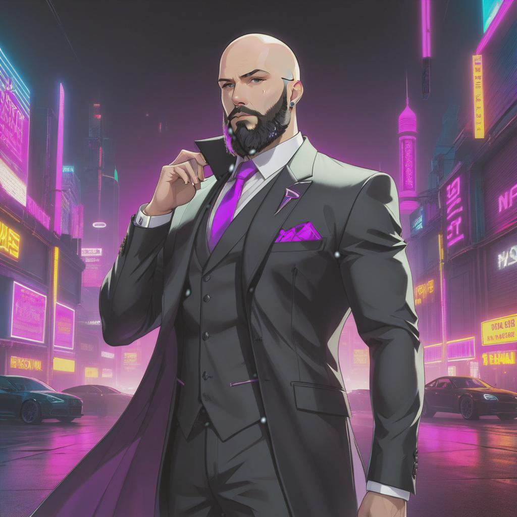  neonpunk style bald and bearded in black suit . cyberpunk, vaporwave, neon, vibes, vibrant, stunningly beautiful, crisp, detailed, sleek, ultramodern, magenta highlights, dark purple shadows, high contrast, cinematic, ultra detailed, intricate, professional hyperrealistic, full body, detailed clothing, highly detailed, cinematic lighting, stunningly beautiful, intricate, sharp focus, f/1. 8, 85mm, (centered image composition), (professionally color graded), ((bright soft diffused light)), volumetric fog, trending on instagram, trending on tumblr, HDR 4K, 8K