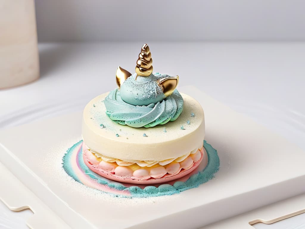  A closeup, ultradetailed image of a pastelcolored unicorn macaron delicately placed on a pristine white marble surface. The macaron features intricate swirls of rainbow colors, shimmering edible glitter, and a tiny golden horn. The background is softly blurred, emphasizing the immaculate details of the unicorn macaron, creating a visually striking and minimalist composition. hyperrealistic, full body, detailed clothing, highly detailed, cinematic lighting, stunningly beautiful, intricate, sharp focus, f/1. 8, 85mm, (centered image composition), (professionally color graded), ((bright soft diffused light)), volumetric fog, trending on instagram, trending on tumblr, HDR 4K, 8K