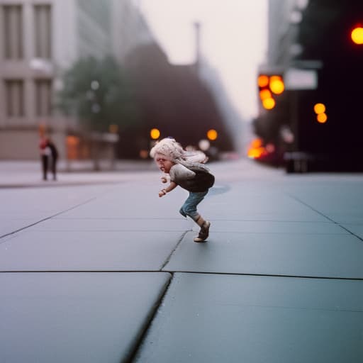analog style A street scene frozen in time on analog film, with ren playing hopscotch on the sidewalk, the motion blur and film grain giving life and movement to the timeless ness