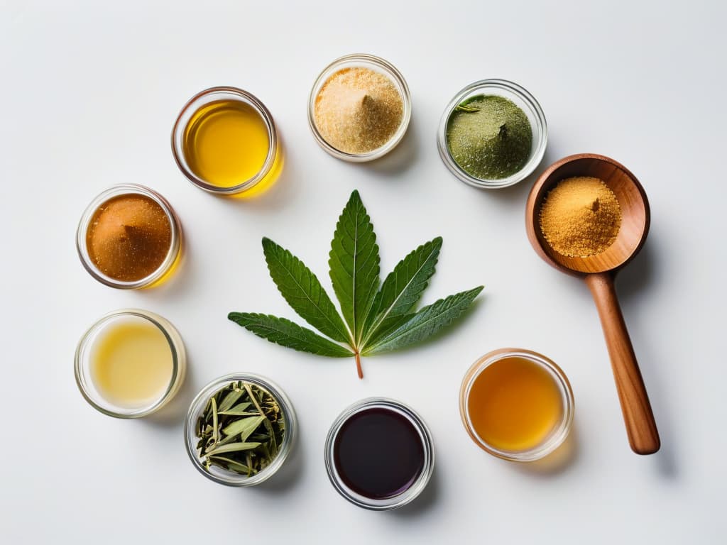  A highresolution, minimalist image of a beautifully arranged assortment of natural sweeteners like stevia leaves, agave syrup, coconut sugar, and maple syrup, set against a clean, white backdrop. Each sweetener is delicately presented in its own small, elegant glass container with a tiny wooden spoon next to it, showcasing the variety and natural origins of these vegan and healthy alternatives for sweetening desserts. The lighting is soft, emphasizing the natural colors and textures of the sweeteners, creating a visually appealing and informative image for the article on natural sweeteners for healthy and vegan desserts. hyperrealistic, full body, detailed clothing, highly detailed, cinematic lighting, stunningly beautiful, intricate, sharp focus, f/1. 8, 85mm, (centered image composition), (professionally color graded), ((bright soft diffused light)), volumetric fog, trending on instagram, trending on tumblr, HDR 4K, 8K