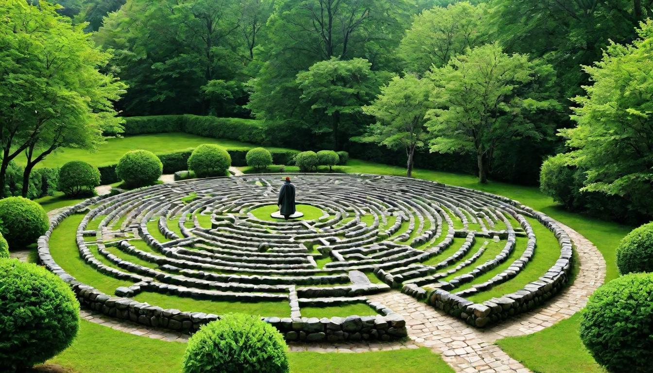  （surrealism)An individual walking a labyrinth made of stones in a serene garden, demonstrating peaceful solitude as a tool for spiritual insight, teaching by example, tranquil pathway mystic, intricate details, best quality)