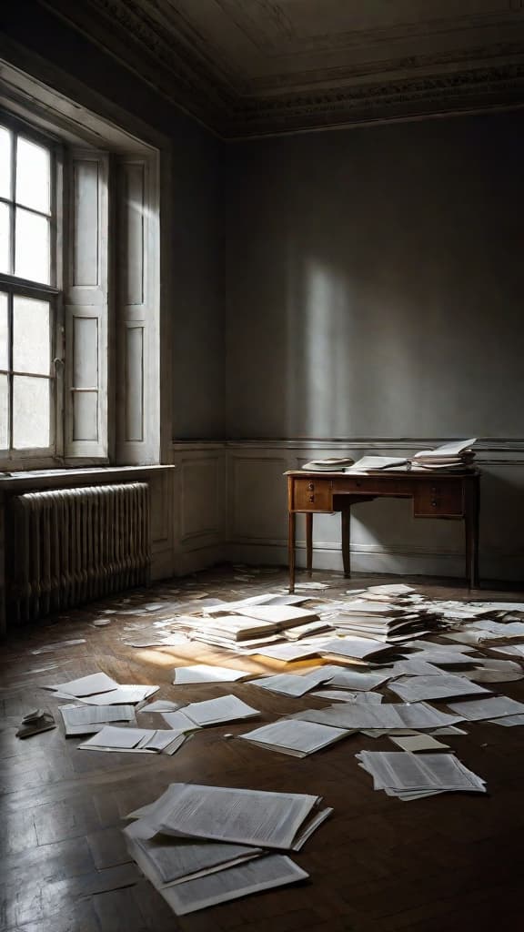  (A dimly lit, empty room with a single window casting a soft, diffused light. The room appears to be in a state of disarray, with scattered papers and a sense of abandonment. The focus is on the absence of a previously present effect, with the room's atmosphere conveying a sense of lost or faded elements.) hyperrealistic, full body, detailed clothing, highly detailed, cinematic lighting, stunningly beautiful, intricate, sharp focus, f/1. 8, 85mm, (centered image composition), (professionally color graded), ((bright soft diffused light)), volumetric fog, trending on instagram, trending on tumblr, HDR 4K, 8K