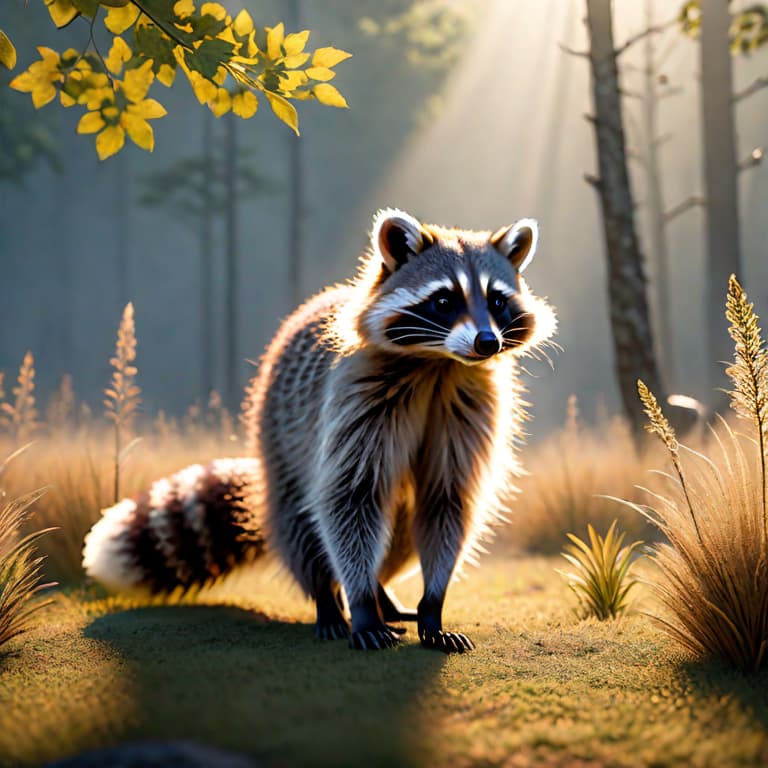  High quality, 8K, (one gray raccoon), grassland, sunlight, angel and devil wings growing from its back hyperrealistic, full body, detailed clothing, highly detailed, cinematic lighting, stunningly beautiful, intricate, sharp focus, f/1. 8, 85mm, (centered image composition), (professionally color graded), ((bright soft diffused light)), volumetric fog, trending on instagram, trending on tumblr, HDR 4K, 8K