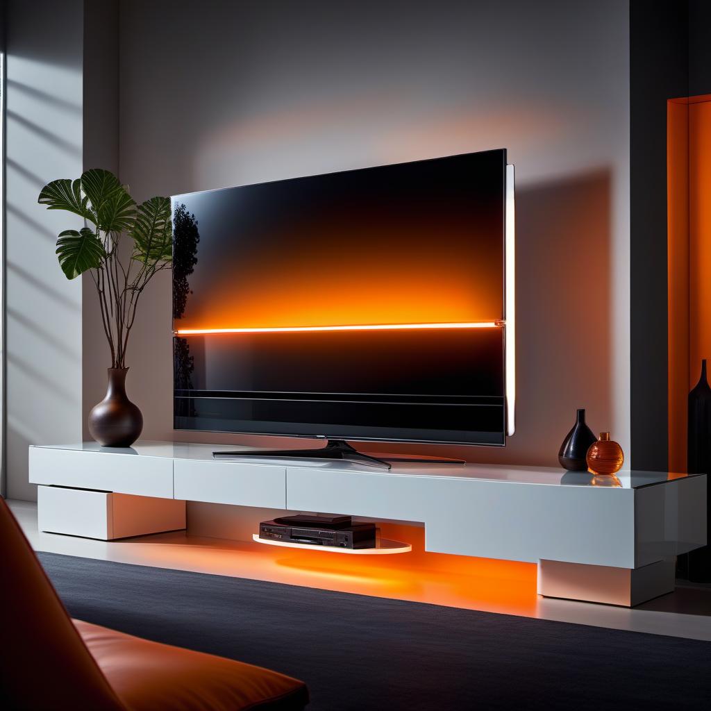  cinematic photo A glass transparent swinging arm shelf above the TV spanning the entire wall in a futuristic style with orange backlighting. . 35mm photograph, film, bokeh, professional, 4k, highly detailed hyperrealistic, full body, detailed clothing, highly detailed, cinematic lighting, stunningly beautiful, intricate, sharp focus, f/1. 8, 85mm, (centered image composition), (professionally color graded), ((bright soft diffused light)), volumetric fog, trending on instagram, trending on tumblr, HDR 4K, 8K