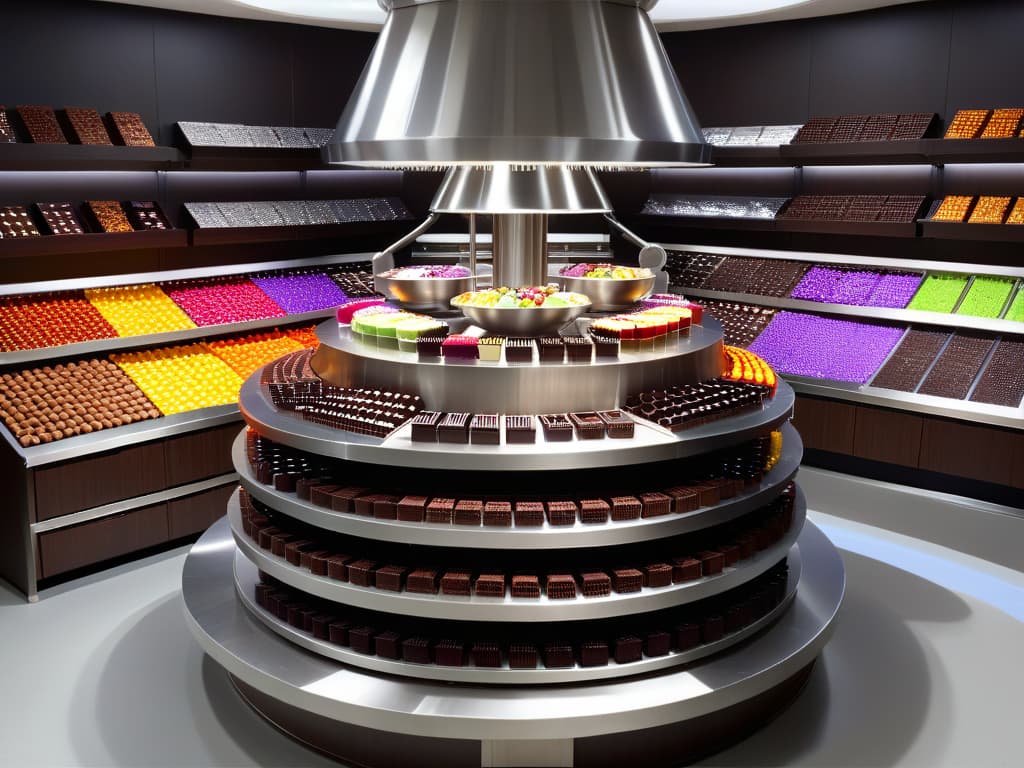  An ultradetailed image of a sleek, modern chocolate laboratory showcasing rows of exquisite chocolates being filled with various innovative and colorful fillings by expert chocolatiers. The lab is immaculately organized with stainless steel countertops, stateoftheart equipment, and a sophisticated color palette of rich browns and vibrant hues. The focus is on the precision and artistry of the chocolatiers as they meticulously craft each delectable treat, exuding an air of innovation and creativity in every aspect of the chocolatemaking process. hyperrealistic, full body, detailed clothing, highly detailed, cinematic lighting, stunningly beautiful, intricate, sharp focus, f/1. 8, 85mm, (centered image composition), (professionally color graded), ((bright soft diffused light)), volumetric fog, trending on instagram, trending on tumblr, HDR 4K, 8K