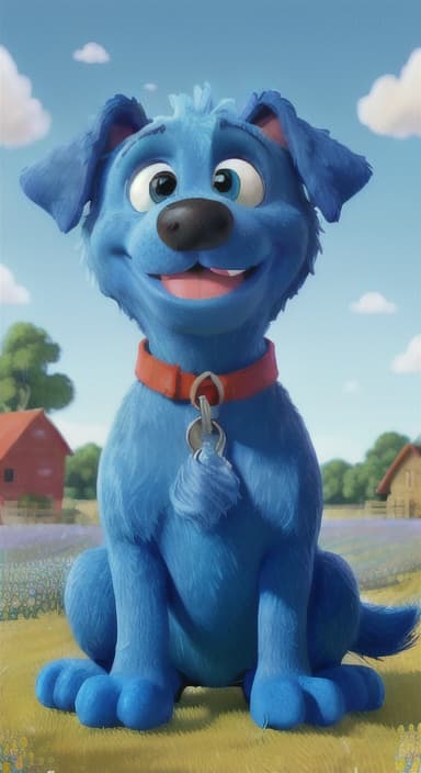  {A happy, big blue dog wagging its tail in a colorful meadow, The big blue dog is large with sky blue fur, big round eyes, a black nose, and floppy ears.