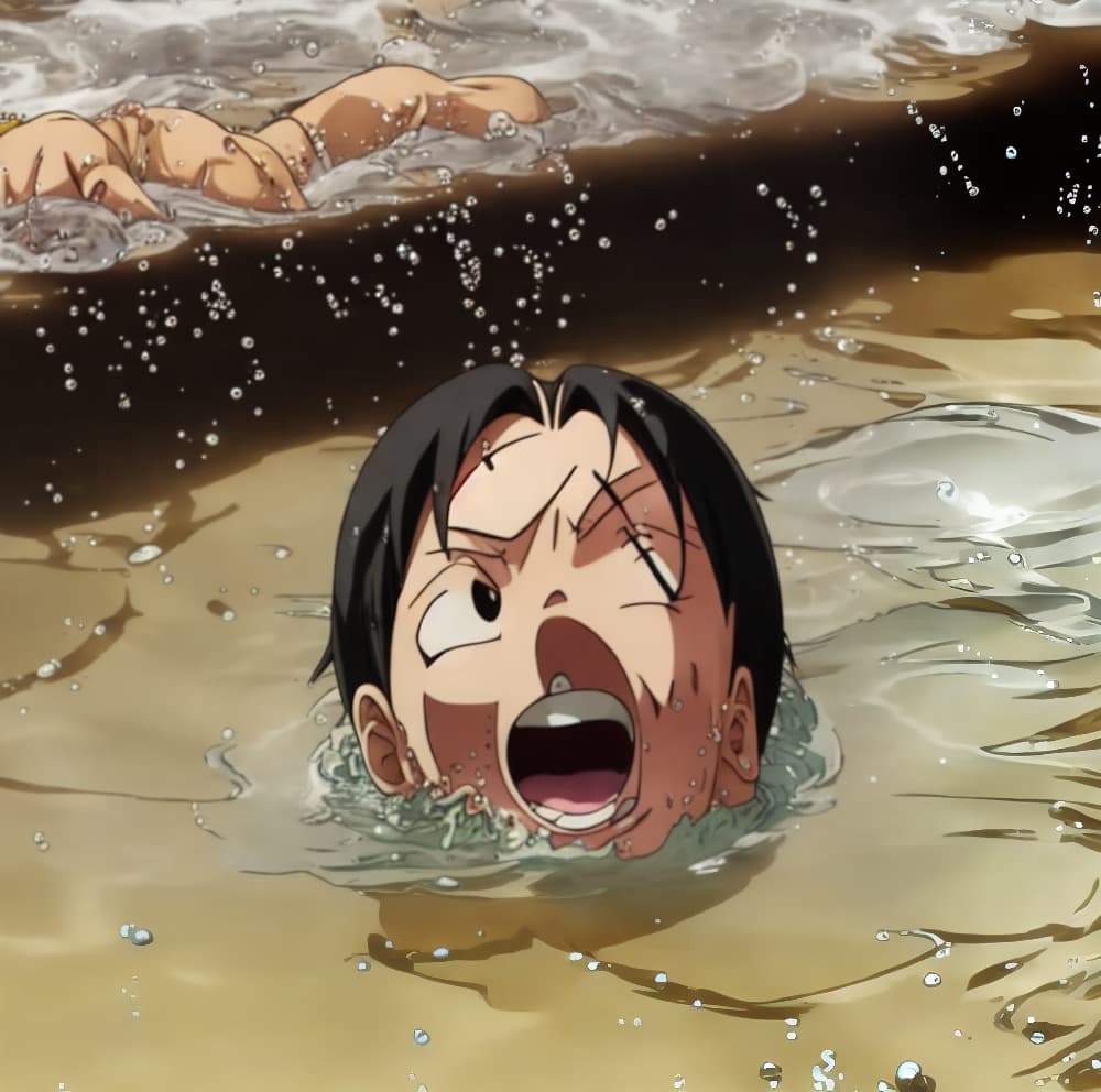  tanned Luffy drowning in the water he's screaming and panic a lot of water waves splashes and bubbles around her