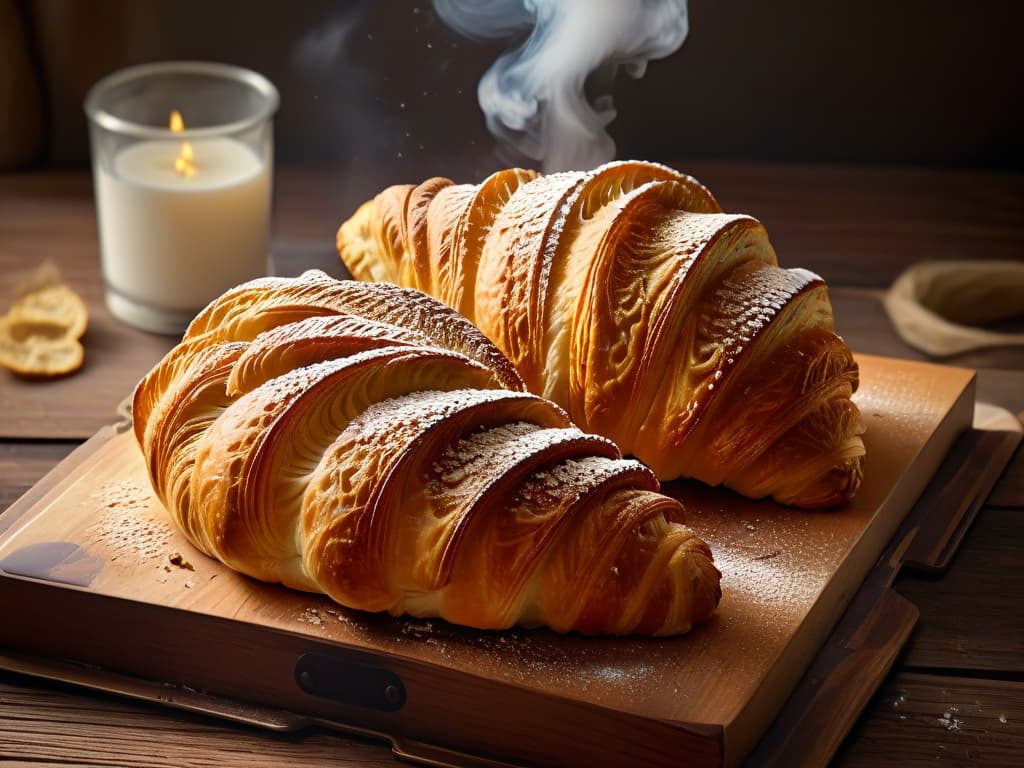  A closeup, photorealistic image of a goldenbrown croissant fresh out of the oven, with flaky layers visible and a slight steam rising from its perfectly crispy exterior. The croissant is placed on a rustic wooden table, surrounded by scattered crumbs and a few scattered ingredients like butter and flour, evoking a sense of warmth and aroma. hyperrealistic, full body, detailed clothing, highly detailed, cinematic lighting, stunningly beautiful, intricate, sharp focus, f/1. 8, 85mm, (centered image composition), (professionally color graded), ((bright soft diffused light)), volumetric fog, trending on instagram, trending on tumblr, HDR 4K, 8K