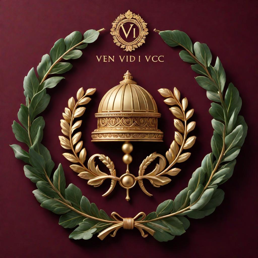  Design a logo for 'Veni Vidi Vici Cuisine' that incorporates elements of Roman architecture, such as columns or laurel wreaths, along with a stylized font that conveys elegance and sophistication. The color scheme should include rich tones like gold, burgundy, and dark green to evoke a sense of luxury and heritage. hyperrealistic, full body, detailed clothing, highly detailed, cinematic lighting, stunningly beautiful, intricate, sharp focus, f/1. 8, 85mm, (centered image composition), (professionally color graded), ((bright soft diffused light)), volumetric fog, trending on instagram, trending on tumblr, HDR 4K, 8K