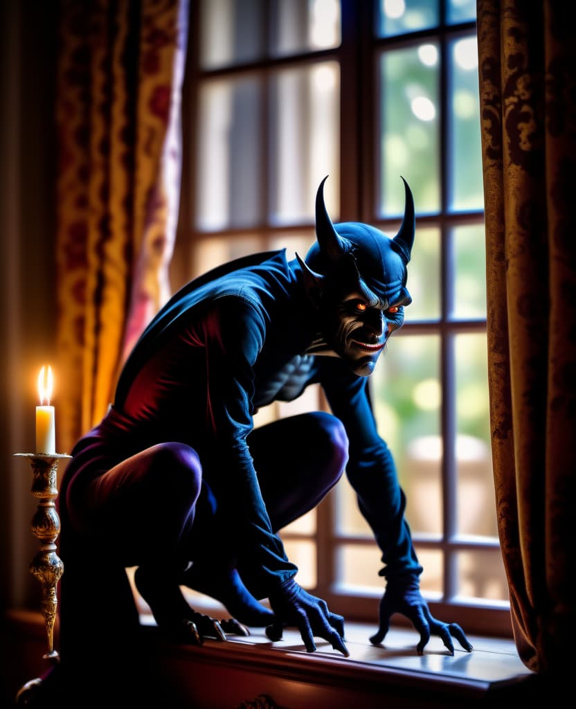  A thin black devil crouching like a gargoyle without wings and without horns looks at me from behind the curtains on the windowsill. In a dimly lit room. The room is furnished with antique furniture.