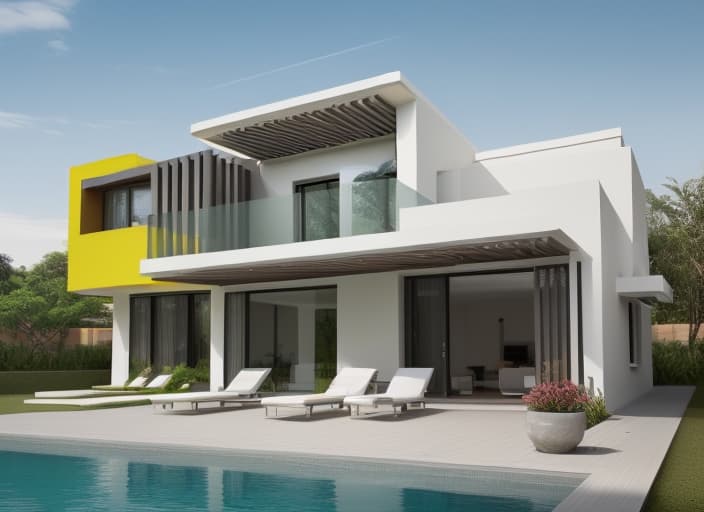  Modern villa exterior architecture, daylight, beautiful modern materials, highlight 6 louver bars on the 3rd floor, bright colors in harmony with the surrounding landscape