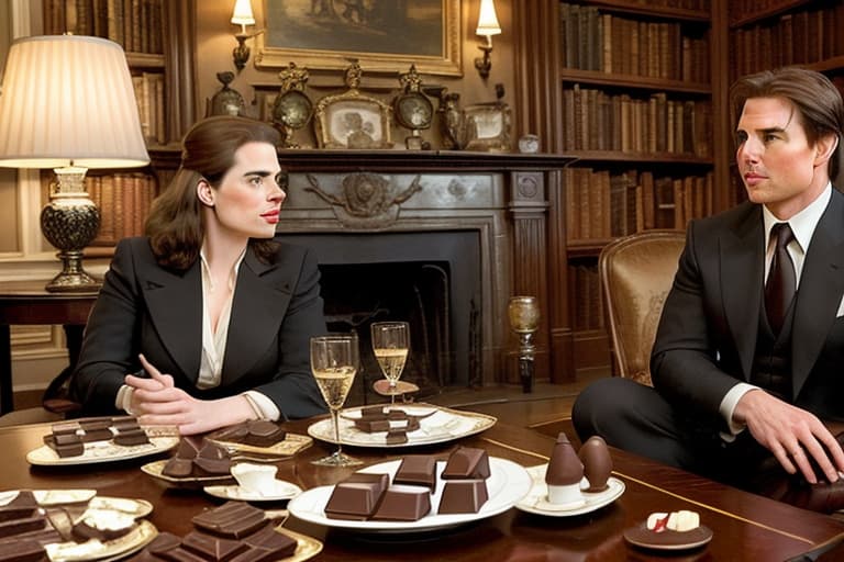  Tom Cruise and Hayley Atwell, mission impossible sitting romantically together in a Kentucky mansion library room. Foreground plates of fine dark chocolates on a coffee table. Background Kentucky historic home. Painting style of Edgar Degas