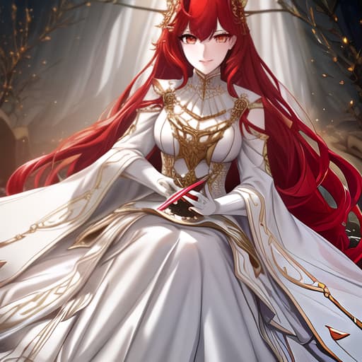  a girl manhua character with red hair and white eyes with white skin wearing noble dress and siting on the throne hyperrealistic, full body, detailed clothing, highly detailed, cinematic lighting, stunningly beautiful, intricate, sharp focus, f/1. 8, 85mm, (centered image composition), (professionally color graded), ((bright soft diffused light)), volumetric fog, trending on instagram, trending on tumblr, HDR 4K, 8K