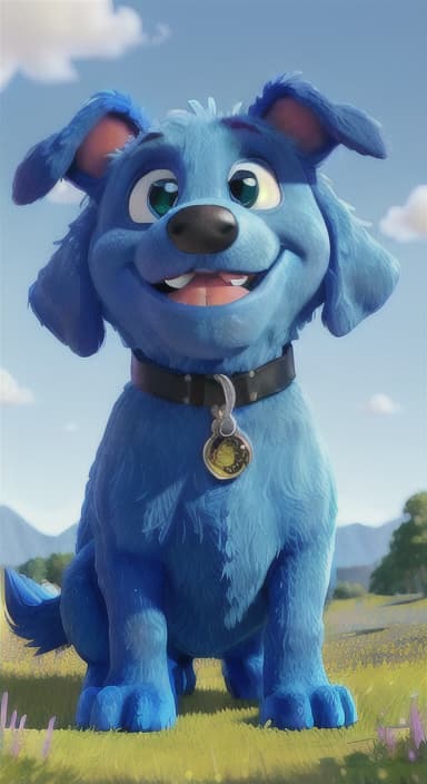  {A happy, big blue dog wagging its tail in a colorful meadow, The big blue dog is large with sky blue fur, big round eyes, a black nose, and floppy ears.