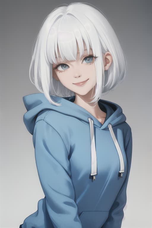  naughty smile,so cute,white hair,short white hair,navy hoodie,from below,close up