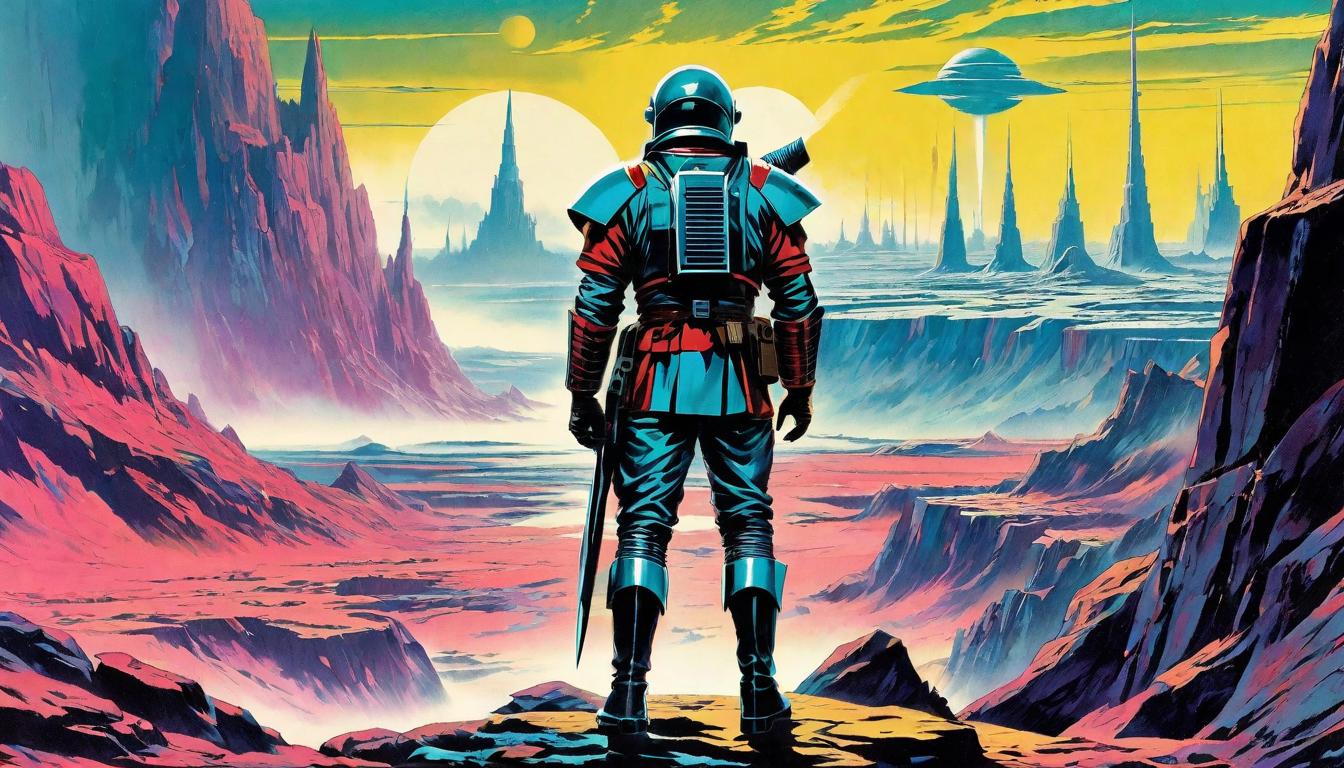  retro futuristic A warrior standing at the edge of a fractured landscape, looking into the abyss, the split ground symbolizing overwhelming adversity, edge of decision, precipice of change, determination in the face of uncertainty. lvintage sci fi, 50s and 60s style, atomic age, vibrant, highly detailed