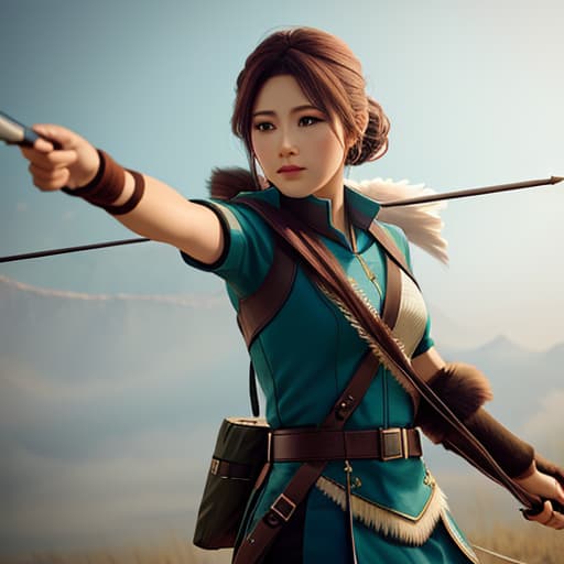  An archer female shooting her bow at a target , her pet hawk, hyperrealistic, high quality, highly detailed, cinematic lighting, intricate, sharp focus, f/1. 8, 85mm, (centered image composition), (professionally color graded), ((bright soft diffused light)), volumetric fog, trending on instagram, HDR 4K, 8K