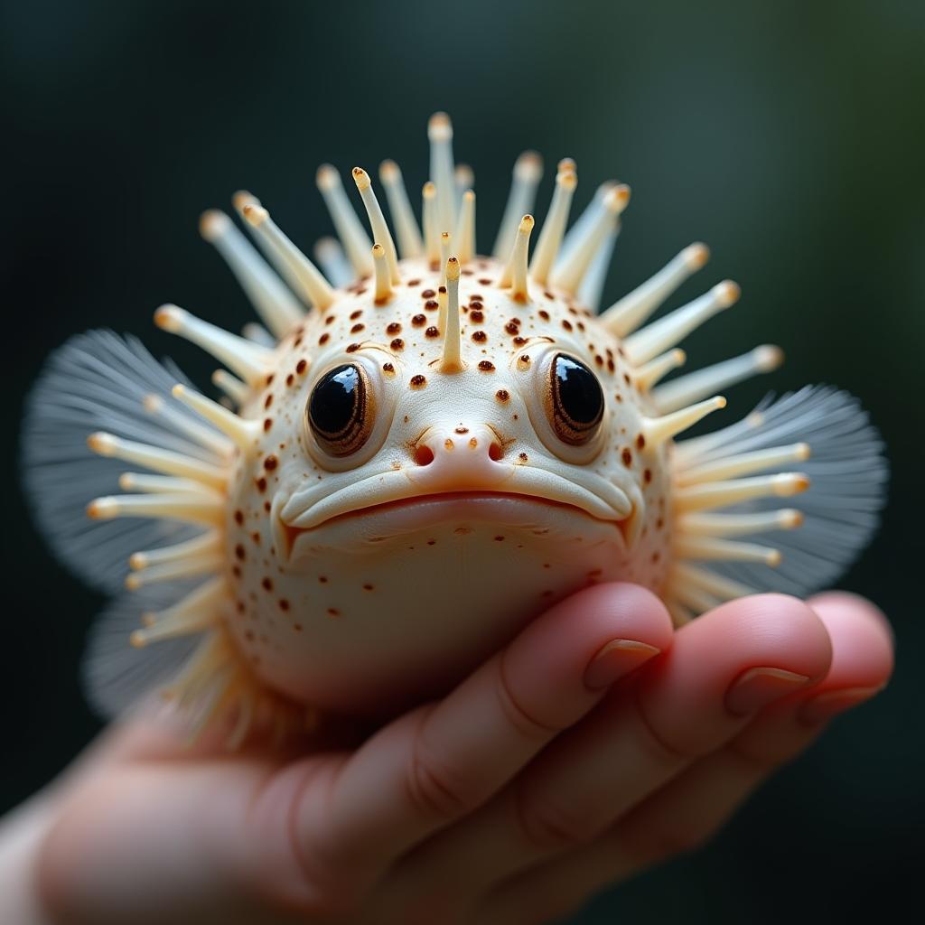  good quality, high quality, close up of a pufferfish in a human hand