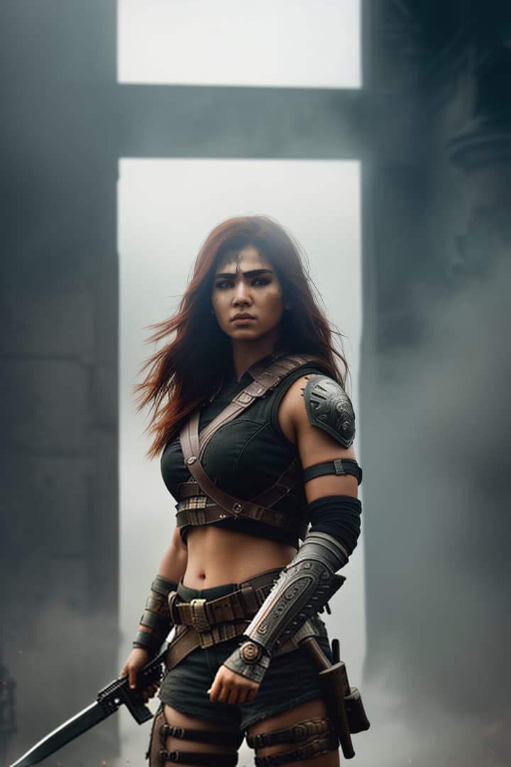  warrior, female, apocalyptic, weapons, gun, hatchet, beautiful , hyperrealistic, high quality, highly detailed, cinematic lighting, intricate, sharp focus, f/1. 8, 85mm, (centered image composition), (professionally color graded), ((bright soft diffused light)), volumetric fog, trending on instagram, HDR 4K, 8K