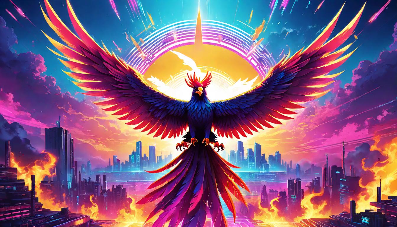  vaporwave,cyberpunk game style Phoenix soaring above flaming rebirth, tears evaporate in its heat, symbols of karmic release, emotional impact, spiritual awakening, renewed ascensioneon, dystopian, futuristic, digital, vibrant, detailed, high contrast, reminiscent of cyberpunk genre video games,retro aesthetic, cyberpunk, vibrant, neon colors, vintage 80s and 90s style, highly detailed