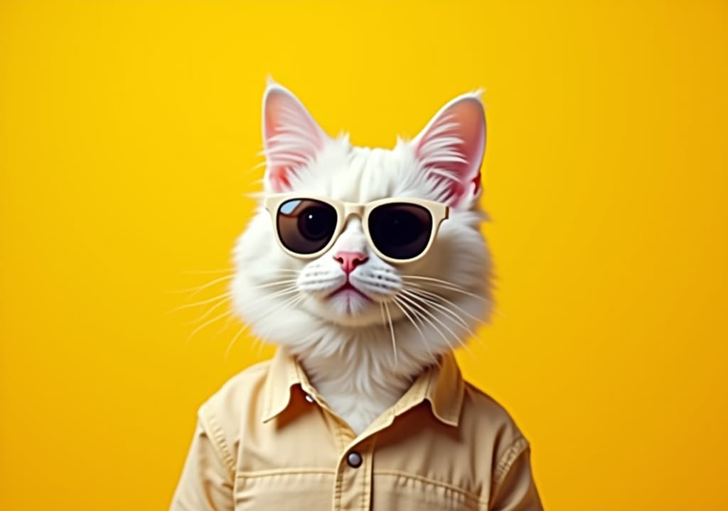  good quality, high quality, white british cat are wear sunglass and shirt in concept summer on the yellow background