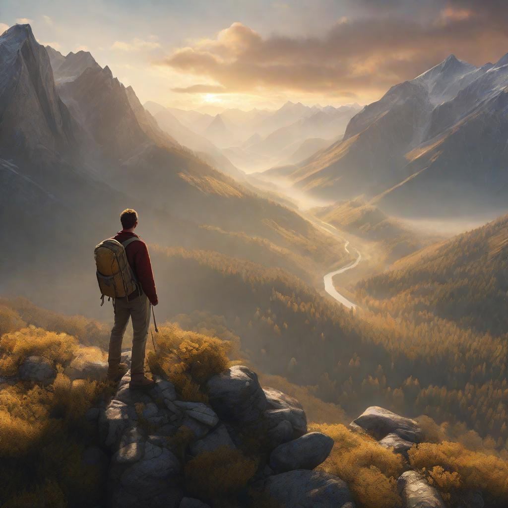  masterpiece, best quality, A lone traveler standing on a rocky cliff overlooking a vast, misty valley. The traveler is dressed in rugged clothing, with a backpack slung over their shoulder. The environment is a rugged, mountainous landscape with jagged peaks and dense forests. The mood is adventurous and awe-inspiring, with a sense of vastness and mystery. The style is a realistic photograph, capturing the details of the landscape and the traveler's expression. The lighting is soft and golden, with the setting sun casting long shadows across the valley. Realization is a high-resolution digital camera, capturing the scene with a wide-angle lens and adjusting exposure to capture the dynamic range of light and shadow.