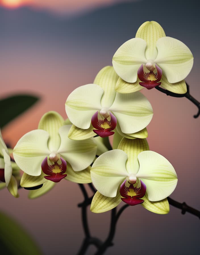  Phalaenopsis orchid in sunset hyperrealistic, full body, detailed clothing, highly detailed, cinematic lighting, stunningly beautiful, intricate, sharp focus, f/1. 8, 85mm, (centered image composition), (professionally color graded), ((bright soft diffused light)), volumetric fog, trending on instagram, trending on tumblr, HDR 4K, 8K