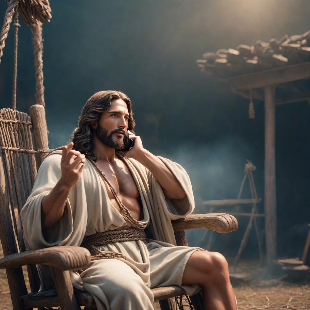  Jesus sits on a rocking chair, talking on a wire telephone. hyperrealistic, full body, detailed clothing, highly detailed, cinematic lighting, stunningly beautiful, intricate, sharp focus, f/1. 8, 85mm, (centered image composition), (professionally color graded), ((bright soft diffused light)), volumetric fog, trending on instagram, trending on tumblr, HDR 4K, 8K