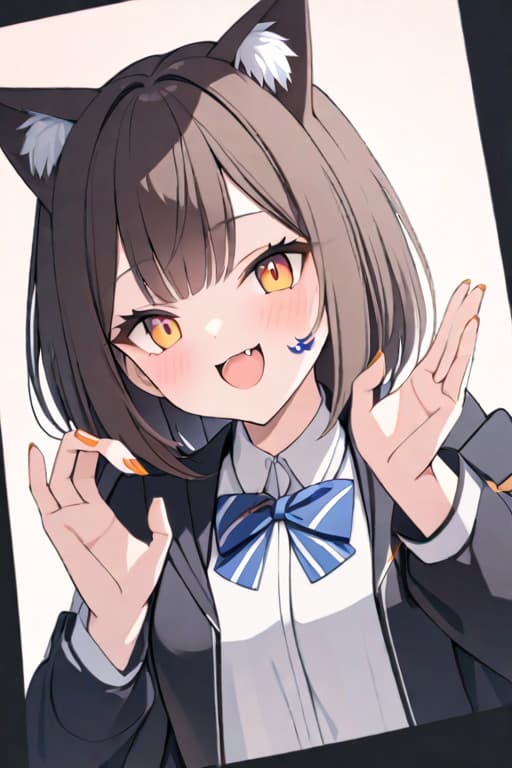  masterpiece, best quality, 1, solo, animal ears, bow, teeth, jacket, tail, open mouth, brown hair, orange background, bowtie, orange nails, simple background, cat ears, orange eyes, blue bow, animal ear fluff, cat tail, looking at viewer, upper body, shirt, uniform, hood, striped bow, striped, white shirt, black jacket, blue bowtie, fingernails, long sleeves, cat , bangs, fangs, collared shirt, striped bowtie, short hair, tongue, hoodie, sharp teeth, facial mark, claw pose hyperrealistic, full body, detailed clothing, highly detailed, cinematic lighting, stunningly beautiful, intricate, sharp focus, f/1. 8, 85mm, (centered image composition), (professionally color graded), ((bright soft diffused light)), volumetric fog, trending on instagram, trending on tumblr, HDR 4K, 8K