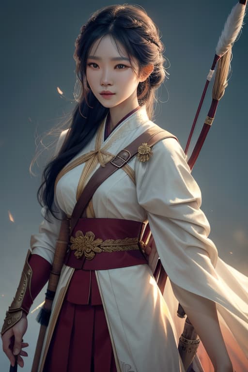  Portrait of a beautiful Asian woman archer holding her bow and with a quiver on her back, sultry, buxom, best quality, 8k wallpaper hyperrealistic, full body, detailed clothing, highly detailed, cinematic lighting, stunningly beautiful, intricate, sharp focus, f/1. 8, 85mm, (centered image composition), (professionally color graded), ((bright soft diffused light)), volumetric fog, trending on instagram, trending on tumblr, HDR 4K, 8K