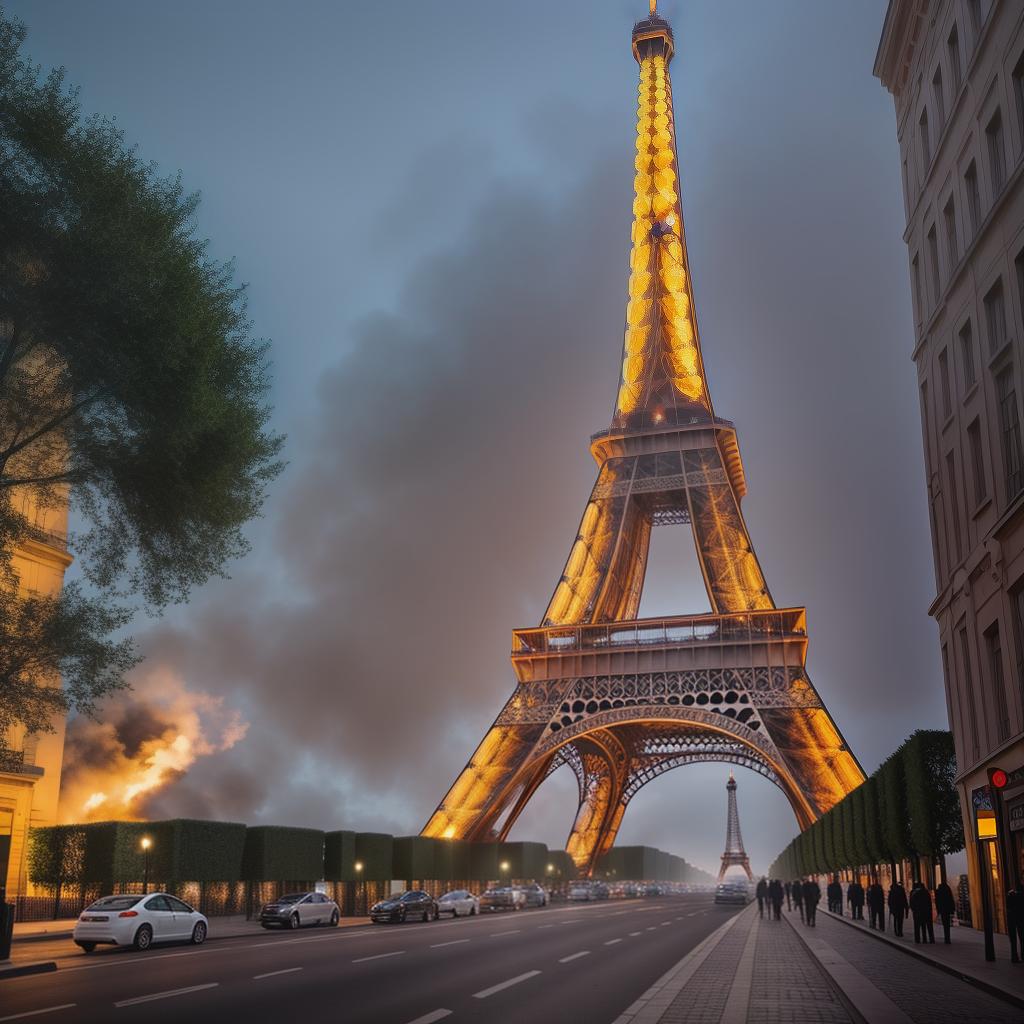  La Tour Eiffel en feu hyperrealistic, full body, detailed clothing, highly detailed, cinematic lighting, stunningly beautiful, intricate, sharp focus, f/1. 8, 85mm, (centered image composition), (professionally color graded), ((bright soft diffused light)), volumetric fog, trending on instagram, trending on tumblr, HDR 4K, 8K