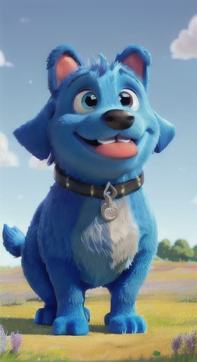  {A happy, big blue dog wagging its tail in a colorful meadow, The big blue dog is large with sky blue fur, big round eyes, a black nose, and floppy ears.