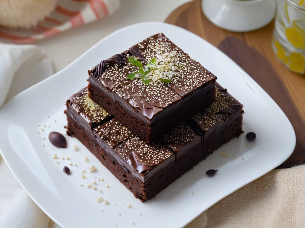  A closeup, ultradetailed image of a decadent chocolate hemp protein brownie, topped with a sprinkle of hemp seeds and a drizzle of melted dark chocolate. The brownie is placed on a sleek, white ceramic plate, with tiny droplets of chocolate visible on its glossy surface. The texture of the brownie is rich and fudgy, with visible chunks of dark chocolate scattered throughout. The hemp seeds on top glisten under a soft, natural light, adding a touch of elegance to the overall composition. hyperrealistic, full body, detailed clothing, highly detailed, cinematic lighting, stunningly beautiful, intricate, sharp focus, f/1. 8, 85mm, (centered image composition), (professionally color graded), ((bright soft diffused light)), volumetric fog, trending on instagram, trending on tumblr, HDR 4K, 8K