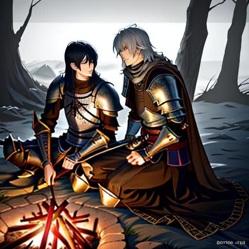  anime style, extra high detailed, two men knight sit on ground with campfire, high quality, dark souls armor, dark fantasy style, dark color palette, fantasy map, dark fantasy 80s hyperrealistic, full body, detailed clothing, highly detailed, cinematic lighting, stunningly beautiful, intricate, sharp focus, f/1. 8, 85mm, (centered image composition), (professionally color graded), ((bright soft diffused light)), volumetric fog, trending on instagram, trending on tumblr, HDR 4K, 8K