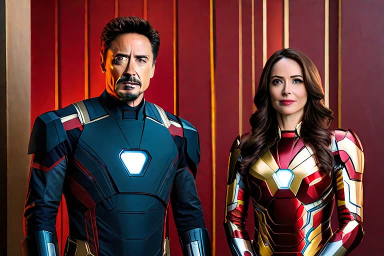  couple portrait of a man and a female. man: tony stark, marvel cinematic universe, male, human, superhero, avenger, leader, skilled fighter, smart, optimistic, brave, confident, superhero, main character, wearing iron man armor female: russian woman, shoulder-length brunette hair, brown eyes, small scar on the right cheek, confident, snarky, superhero, leader, main character, wearing spy suit raw, vivid photo, high detailed skin, 8k uhd, dslr, cold lighting, high quality, cinematic lighting, couple portrait, 85mm, fujifilm xt3, f2.0, ultra-realistic, 8k, fm2.0, cinema4d, cute, hyper detail, full HD hyperrealistic, full body, detailed clothing, highly detailed, cinematic lighting, stunningly beautiful, intricate, sharp focus, f/1. 8, 85mm, (centered image composition), (professionally color graded), ((bright soft diffused light)), volumetric fog, trending on instagram, trending on tumblr, HDR 4K, 8K
