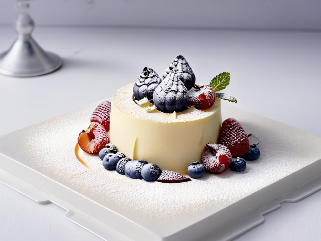  A highresolution photograph showcasing a single delicate and elegantly plated mousse dessert on a pristine white plate. The dessert is a work of art, with smooth, glossy mousse adorned with a minimalist garnish of fresh berries and a dusting of powdered sugar. The lighting is soft, highlighting the textures and details of the dessert, creating a visually striking and sophisticated image that embodies the essence of simplicity and elegance in dessert design. hyperrealistic, full body, detailed clothing, highly detailed, cinematic lighting, stunningly beautiful, intricate, sharp focus, f/1. 8, 85mm, (centered image composition), (professionally color graded), ((bright soft diffused light)), volumetric fog, trending on instagram, trending on tumblr, HDR 4K, 8K