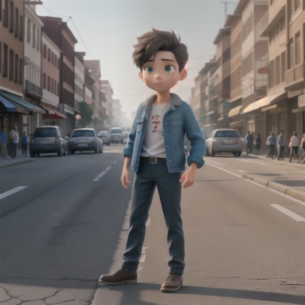  A Young Boy On Road hyperrealistic, full body, detailed clothing, highly detailed, cinematic lighting, stunningly beautiful, intricate, sharp focus, f/1. 8, 85mm, (centered image composition), (professionally color graded), ((bright soft diffused light)), volumetric fog, trending on instagram, trending on tumblr, HDR 4K, 8K