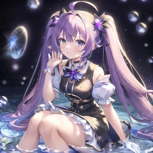  master piece , best quality,pretty, anime, pastel, neon, vtuber fullbody vtuber halfbody, kawaii Masterpiece, young woman, sitting down, parted lips, black eyes, fluffy curly hair, bangs, ahoge, light brown hair, rosy cheeks, short sleeve, black and purple dress, puffy sleeves, black gloves, purple ribbons, ((faded iris)), myceliumtech, scifi, Mycelia, spongy, PsychedelicMasterpiece, ((Faded iris)), flowers, smile, water effect, ahoge, looking up, upper view, yuki miku, very long blue hair, twintails, hair ornament, blue eyes, kawaii looking upupper viewhair ornament(masterpiece:1.2), (hires:1.2), (better hands:1.2), beautiful hands, perfect anatomy, holding star, 1boy, antenna hair, choker, white jacket, shoulder belt, collared shirt, ear 