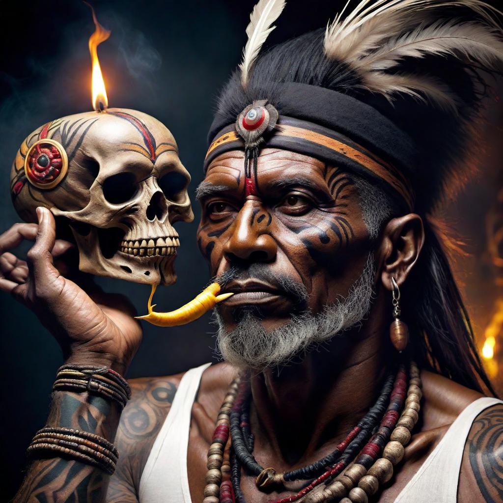  A mystical and eerie tattoo design of a witch doctor holding a shrunken head by its hair. The witch doctor should appear to be casting a spell on the shrunken head, with intense focus and magical elements like ethereal lights or arcane symbols surrounding his hands or the head. The image should capture the essence of tribal magic, with the witch doctor adorned in traditional garb, including a mask or face paint, feathers, and bones. The design should be detailed, suitable for a tattoo, with the witch doctor positioned towards the spell's target, highlighting a dynamic and powerful scene. hyperrealistic, full body, detailed clothing, highly detailed, cinematic lighting, stunningly beautiful, intricate, sharp focus, f/1. 8, 85mm, (centered image composition), (professionally color graded), ((bright soft diffused light)), volumetric fog, trending on instagram, trending on tumblr, HDR 4K, 8K