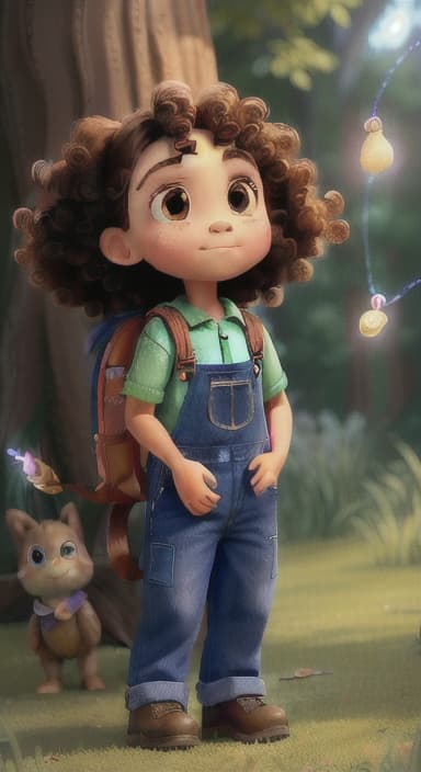  {The tree shining brightly and releasing a gentle, magical light., Riley, a curious with big brown eyes and curly hair, wearing overalls and carrying a small backpack. Their friend, Skye, a bluebird with shiny feathers.