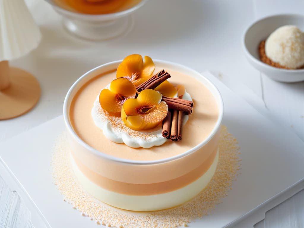  A closeup, ultradetailed image of a creamy and smooth mousse de membrillo elegantly presented in a transparent glass dessert cup, topped with a thin slice of fresh quince and a sprinkle of cinnamon powder. The mousse is perfectly set, with a light, airy texture that looks irresistibly delicious and inviting. The background is a soft, blurred autumnal setting, hinting at the seasonal theme of the article. hyperrealistic, full body, detailed clothing, highly detailed, cinematic lighting, stunningly beautiful, intricate, sharp focus, f/1. 8, 85mm, (centered image composition), (professionally color graded), ((bright soft diffused light)), volumetric fog, trending on instagram, trending on tumblr, HDR 4K, 8K