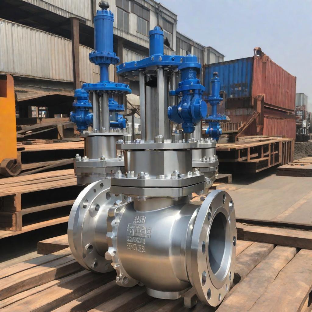  masterpiece, best quality,Wedge gate valve, stainless steel, Sichuan Chuanyi actuator, DN500 caliber, CLASS 600, sky blue appearance