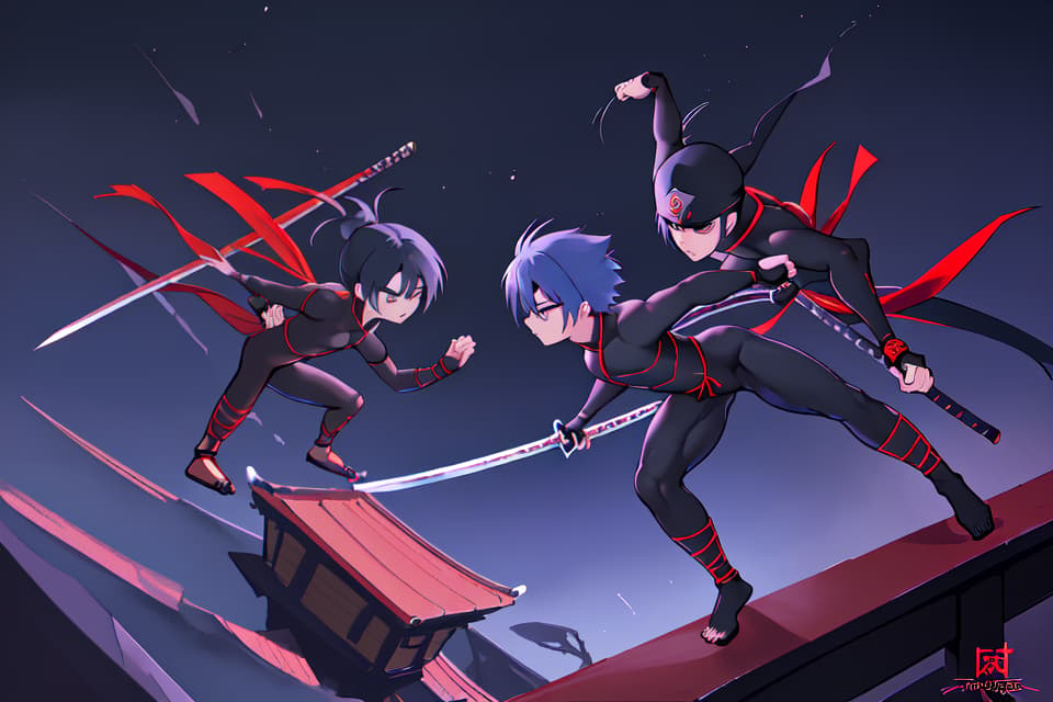  Ninja, acrobat, dynamism, high angle, ninja, beautiful boy, acrobatic, ninjutsu, sword, tense feeling, night, night, detail