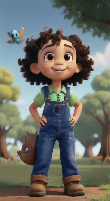  {Riley looking up at the tree with a big smile, animals surrounding them., Riley, a curious with big brown eyes and curly hair, wearing overalls and carrying a small backpack. Their friend, Skye, a bluebird with shiny feathers.